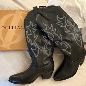 Knee High Black Embroidered Cowboy Boots